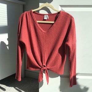 Tie front waffle sweater